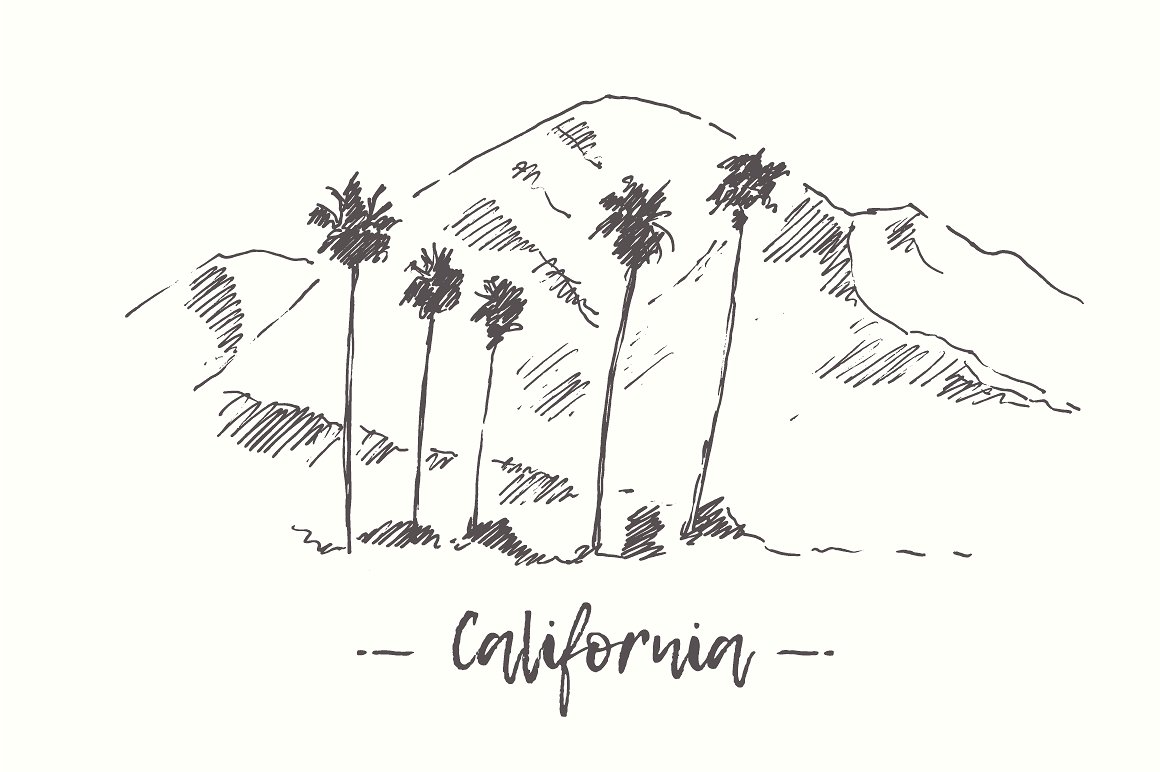 手绘海边风景插画素材Set of California la