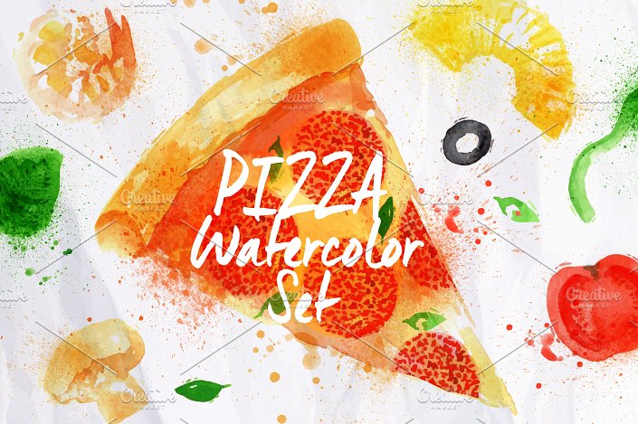 手绘水彩披萨矢量素材Pizza watercolor set