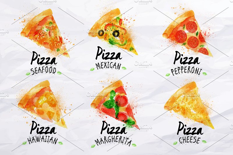 手绘水彩披萨矢量素材Pizza watercolor set