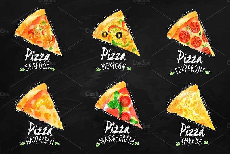 手绘水彩披萨矢量素材Pizza watercolor set