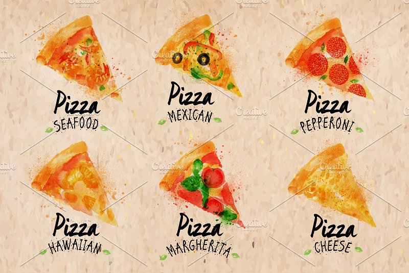 手绘水彩披萨矢量素材Pizza watercolor set