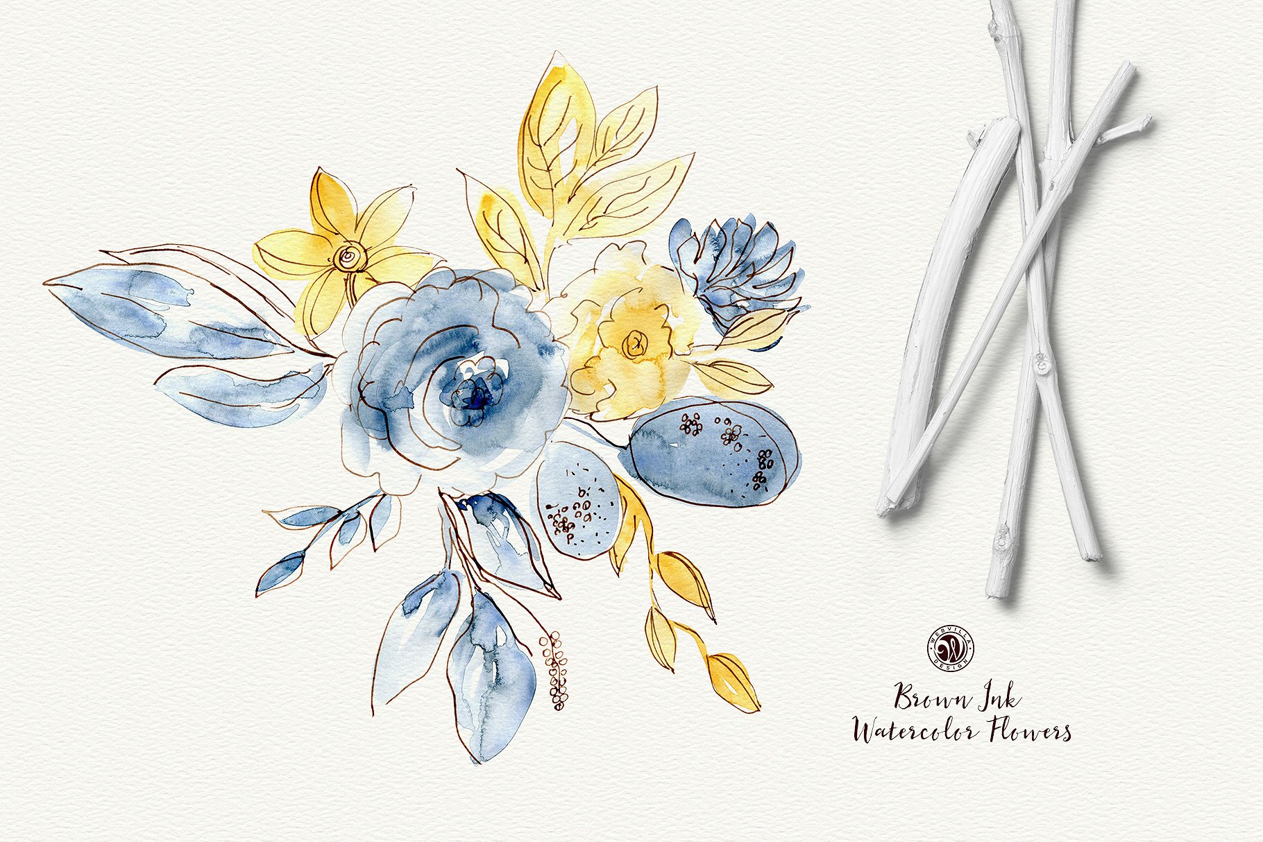 手绘水彩蓝色花卉设计素材Brown Ink Watercol