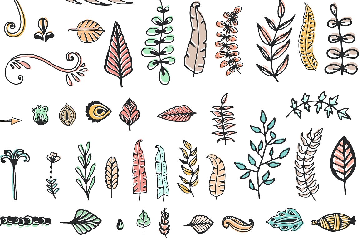 手绘涂鸦植物叶子设计素材56 Doodle Decorati