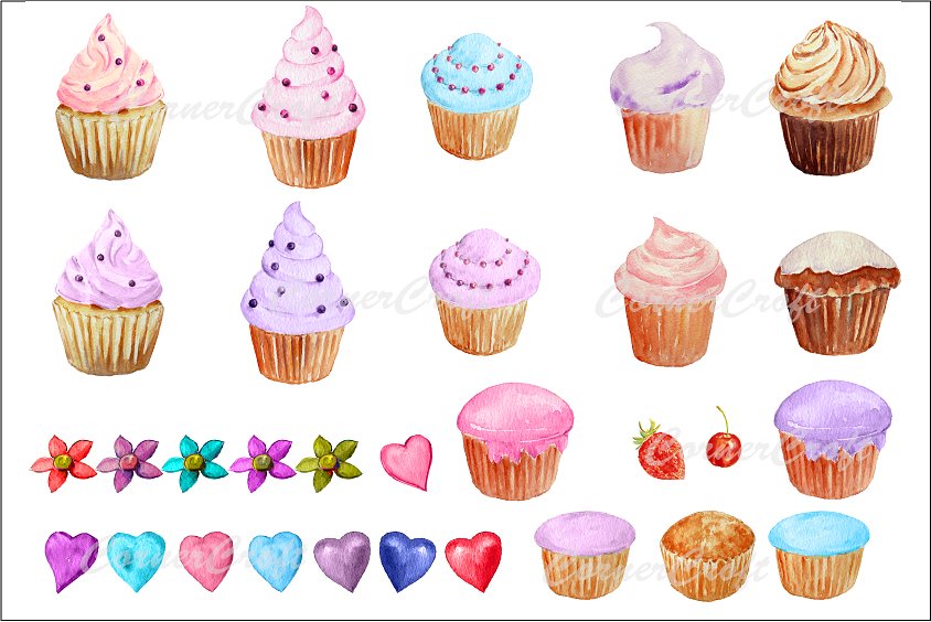 手绘水彩蛋糕设计素材Watercolor Cupcakes