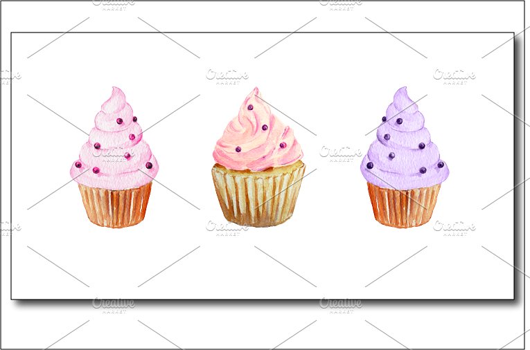 手绘水彩蛋糕设计素材Watercolor Cupcakes