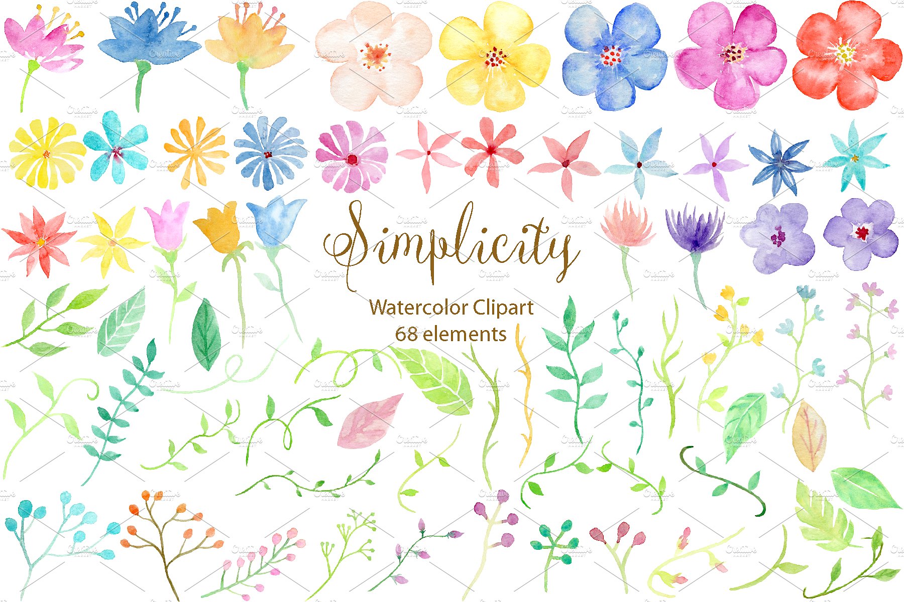 手绘水彩花卉形状设计素材Watercolor Clipart