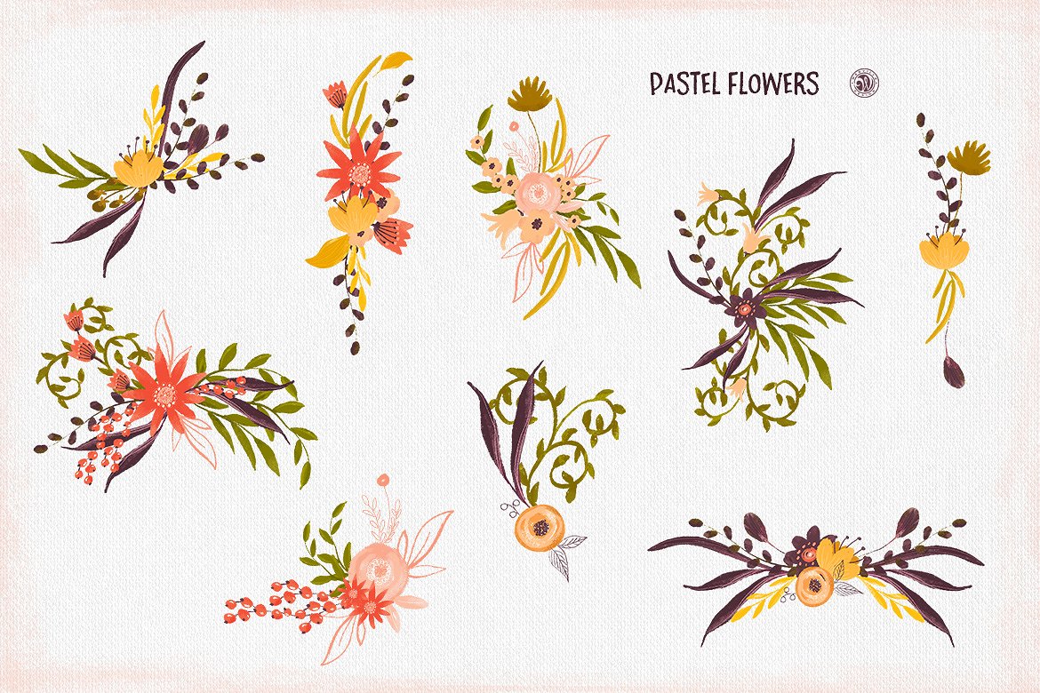 手绘水彩花卉植物设计素材Pastel Flowers