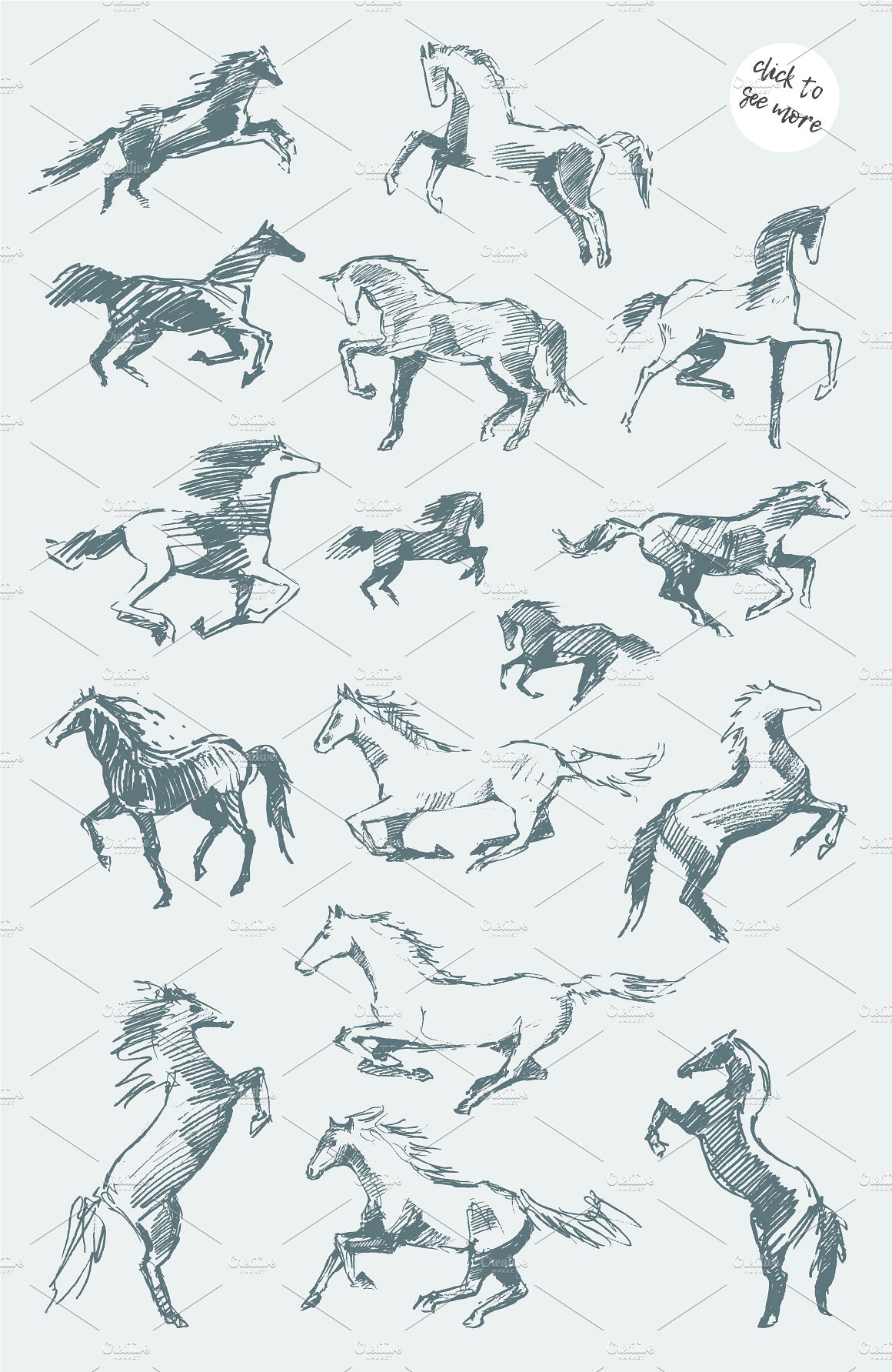 手绘马矢量插图Set of hand drawn horse