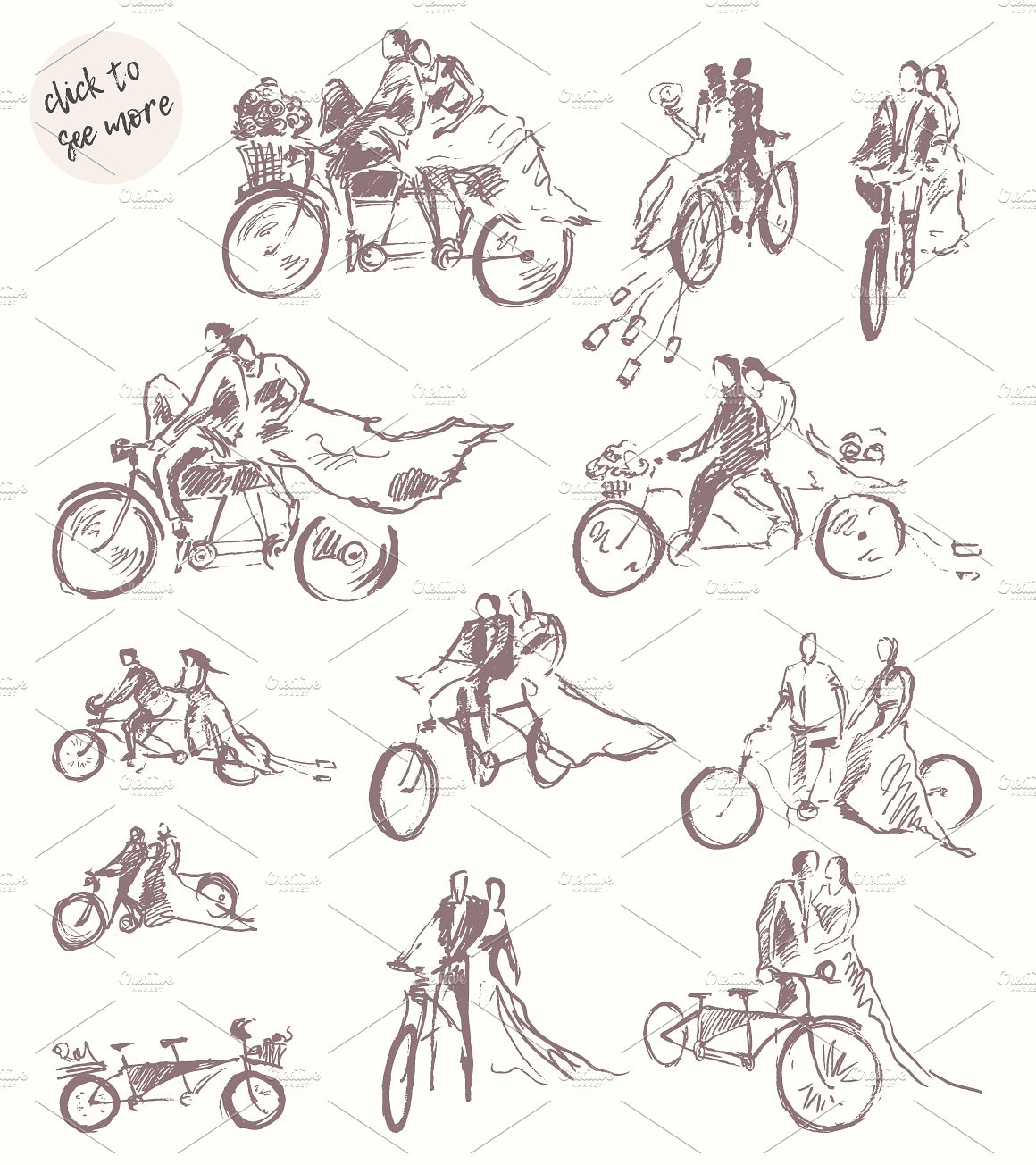 手绘新娘新郎矢量插图Bicycle themed weddi