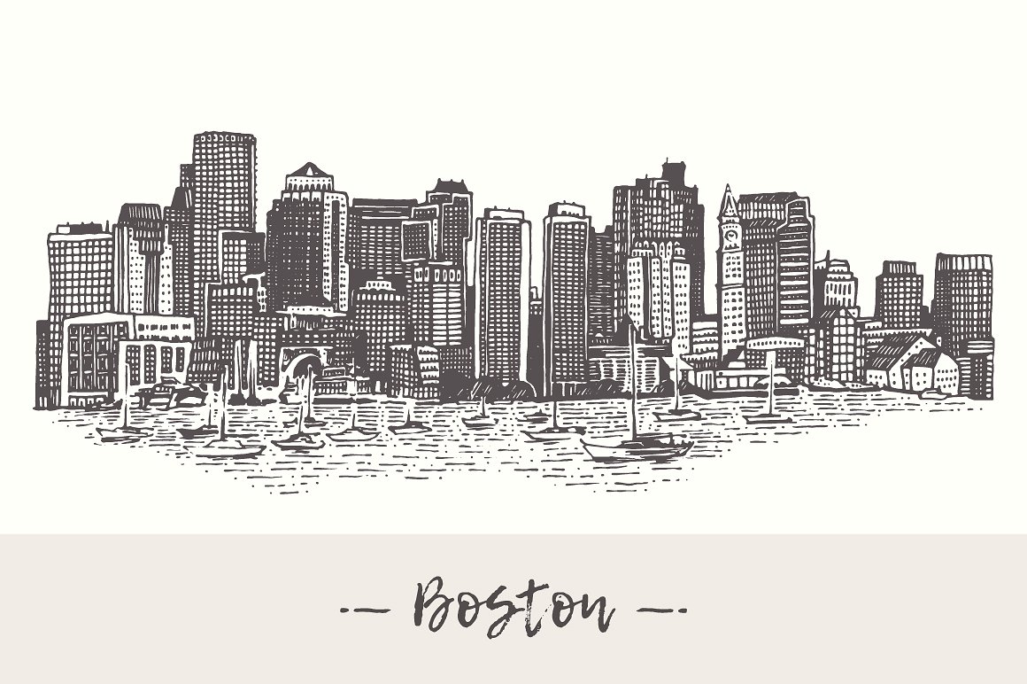 手绘城市矢量插图Boston skyline, USA