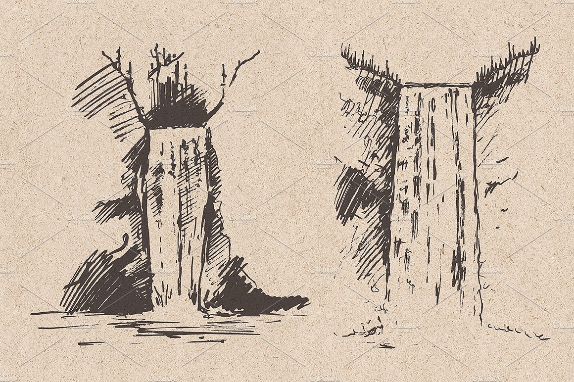 手绘瀑布矢量插图Beautiful waterfalls,