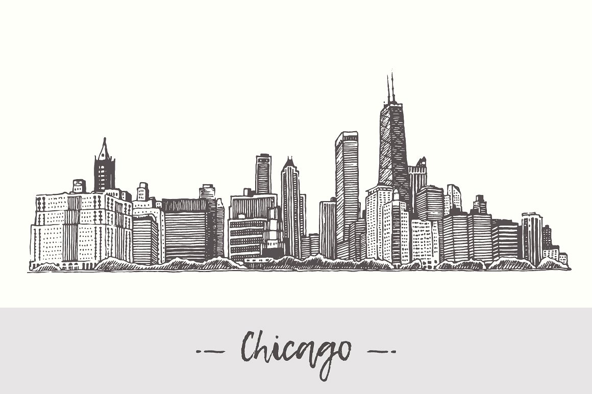 手绘城市建筑矢量插图Chicago skyline, USA