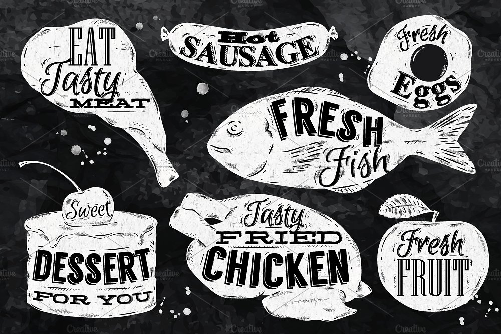 手绘食物标志设计素材Food retro symbols