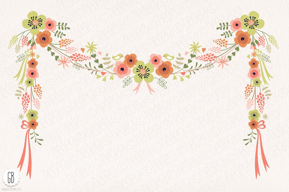 手绘花卉元素设计素材Floral garland, wild