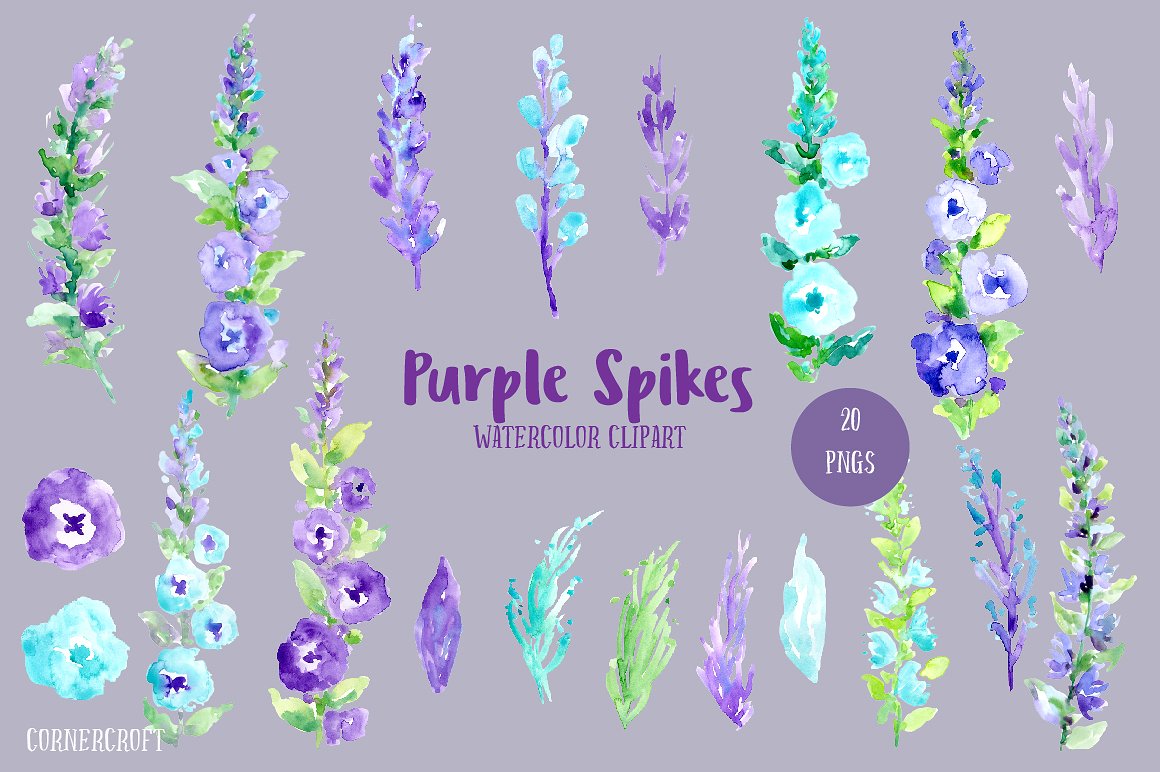 手绘水彩紫色花卉设计素材Watercolor Floral