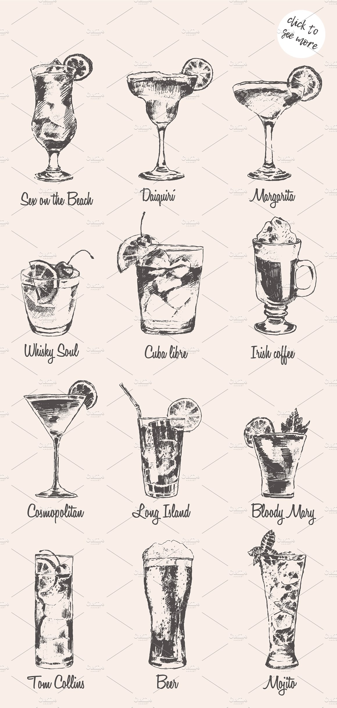 手绘饮料设计素材Set of classic cocktai
