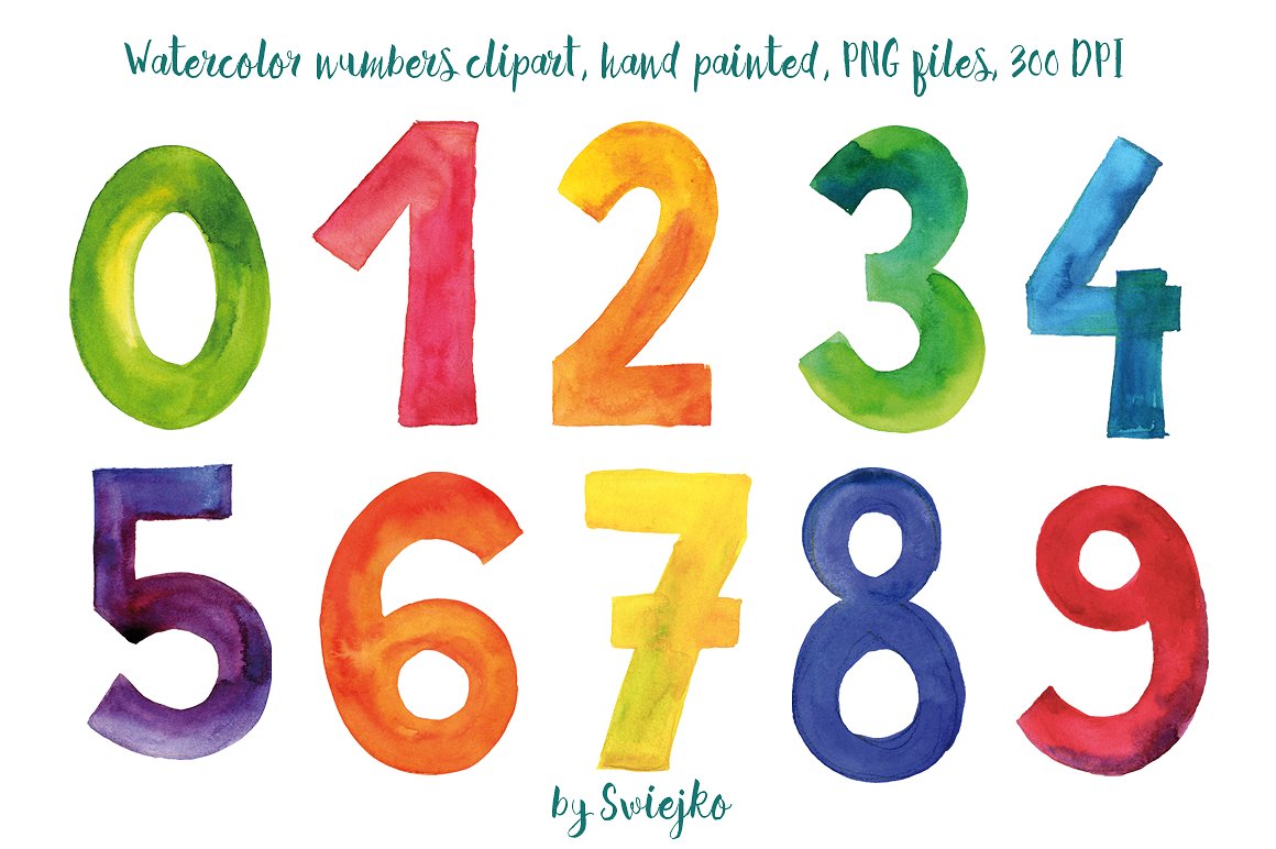 手绘水彩字母设计素材Watercolor Numbers