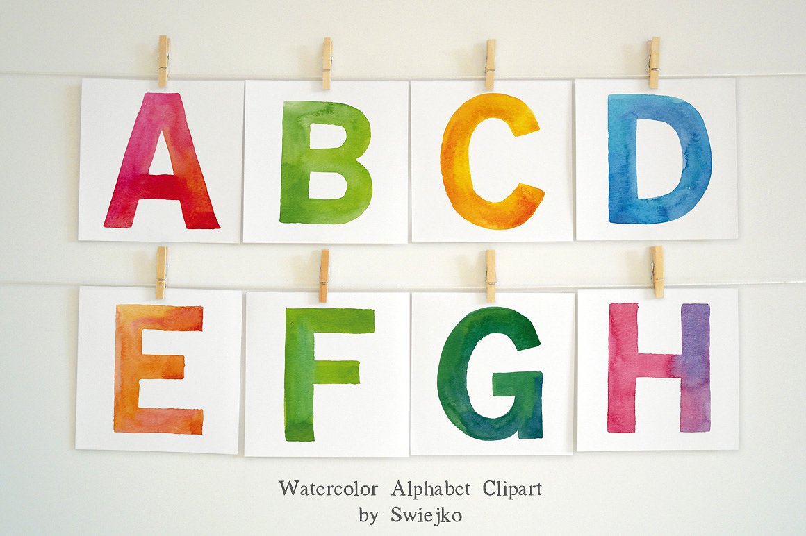 手绘水彩字母设计素材Watercolor Alphabet,