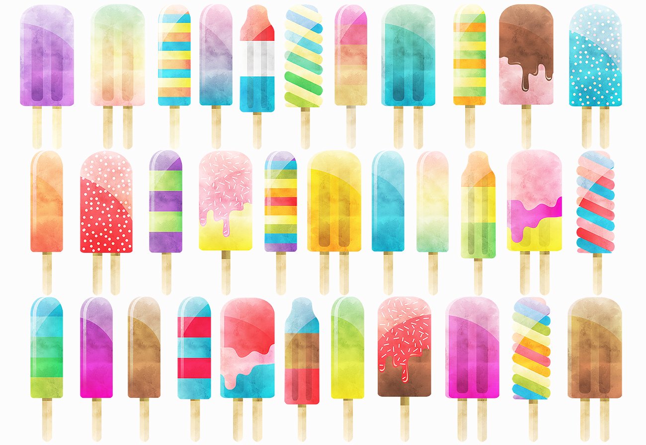 手绘水彩冰棍设计素材Watercolor Popsicles