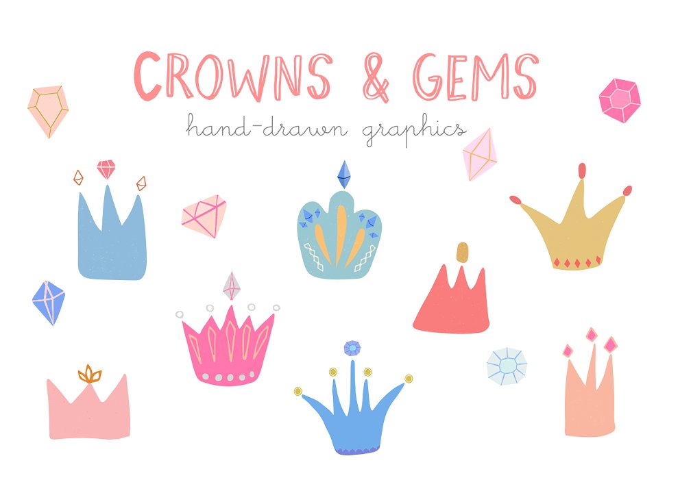 手绘皇冠宝石设计素材Crowns and gems hand