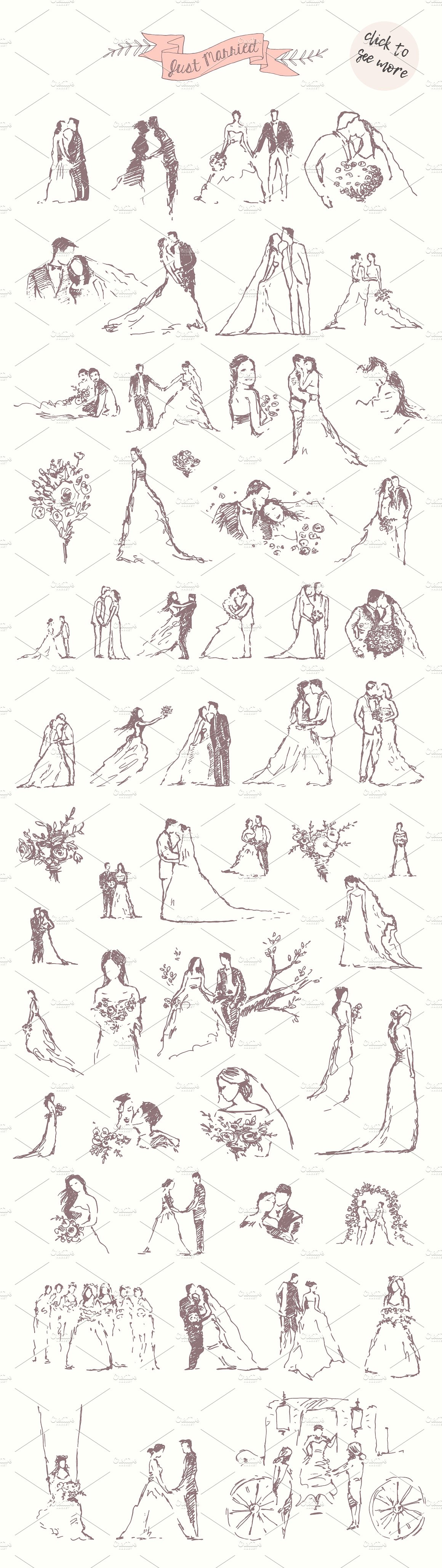 手绘新郎新娘矢量插图Big set of wedding i