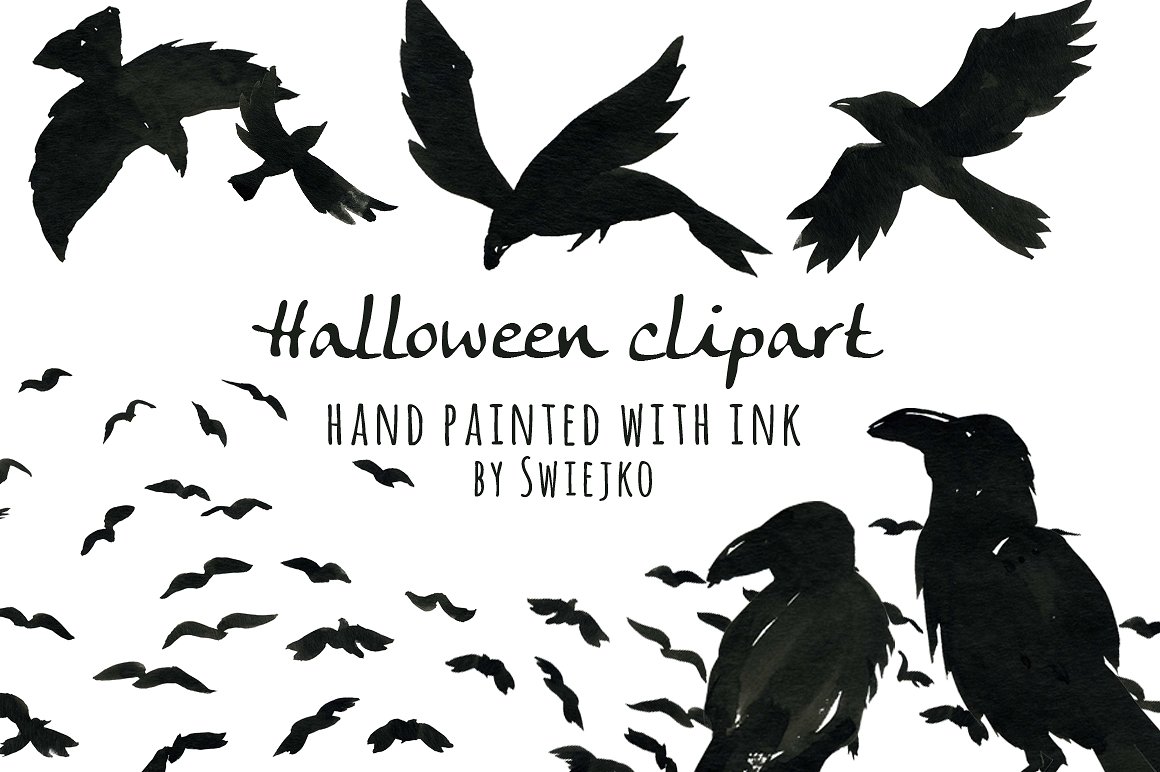 手绘水彩乌鸦设计素材Halloween Ravens, cl