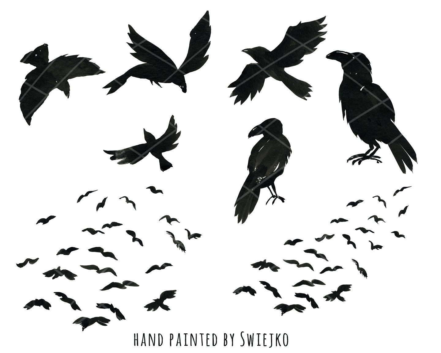 手绘水彩乌鸦设计素材Halloween Ravens, cl