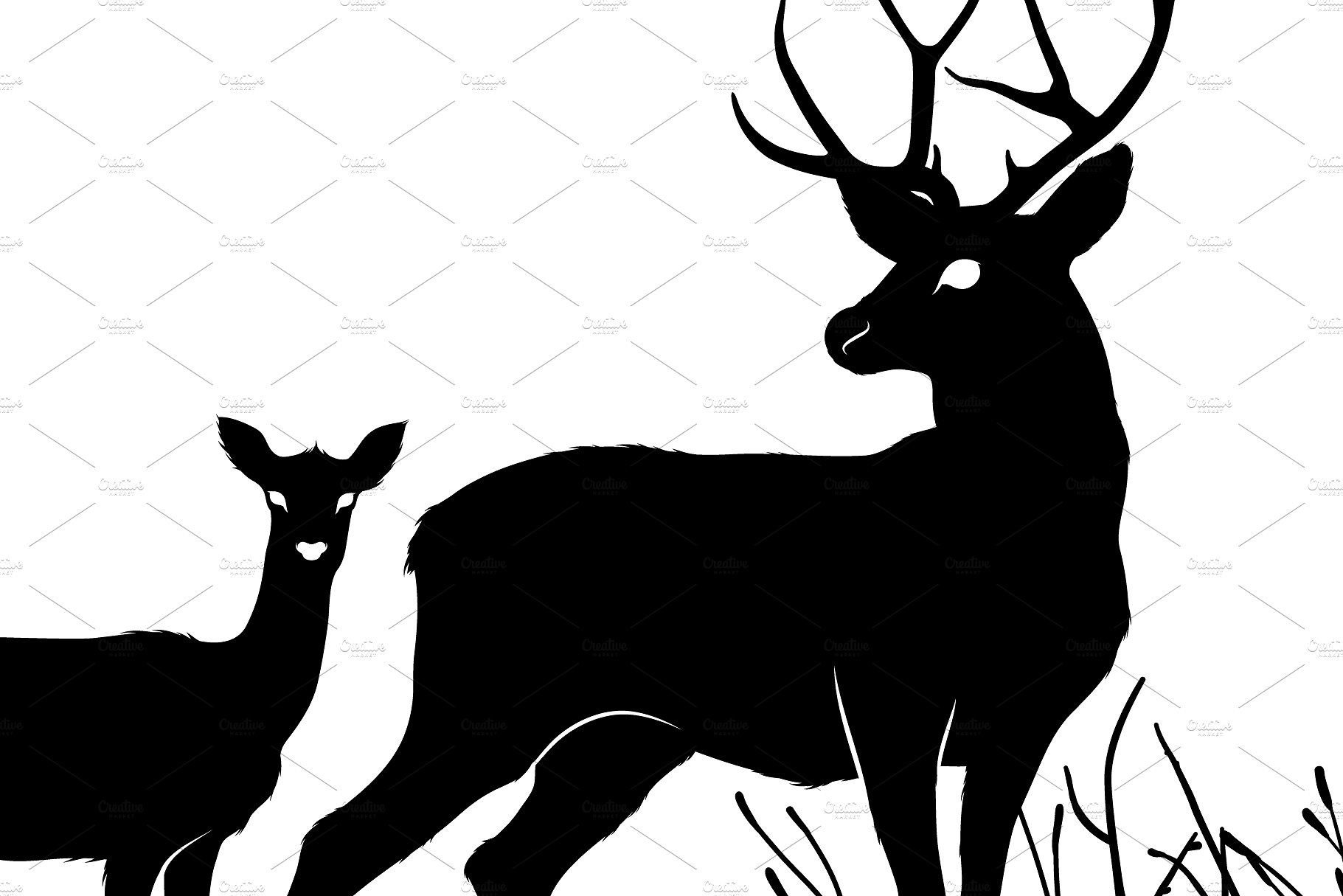 手绘鹿插图素材3 deers and 2 fawns vec