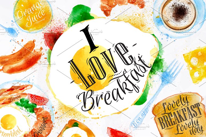 手绘水彩早餐设计素材Breakfast Set