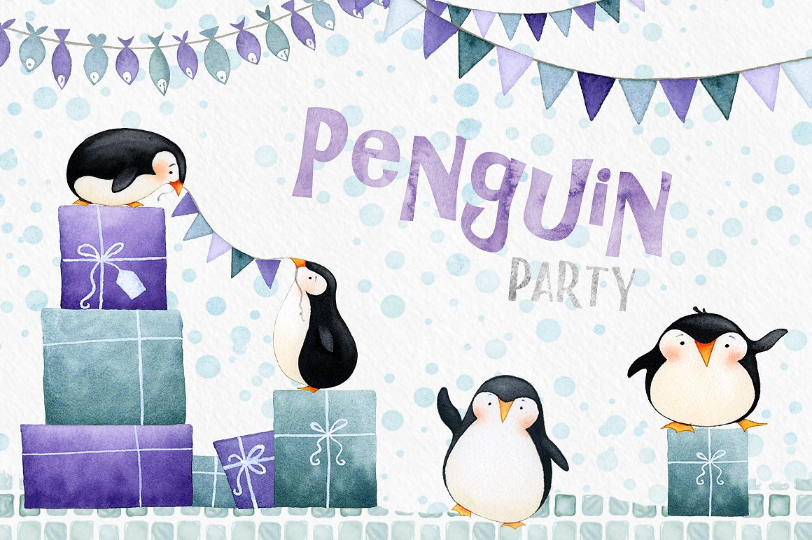 手绘水彩企鹅元素派对装饰素材Penguin Party Wa