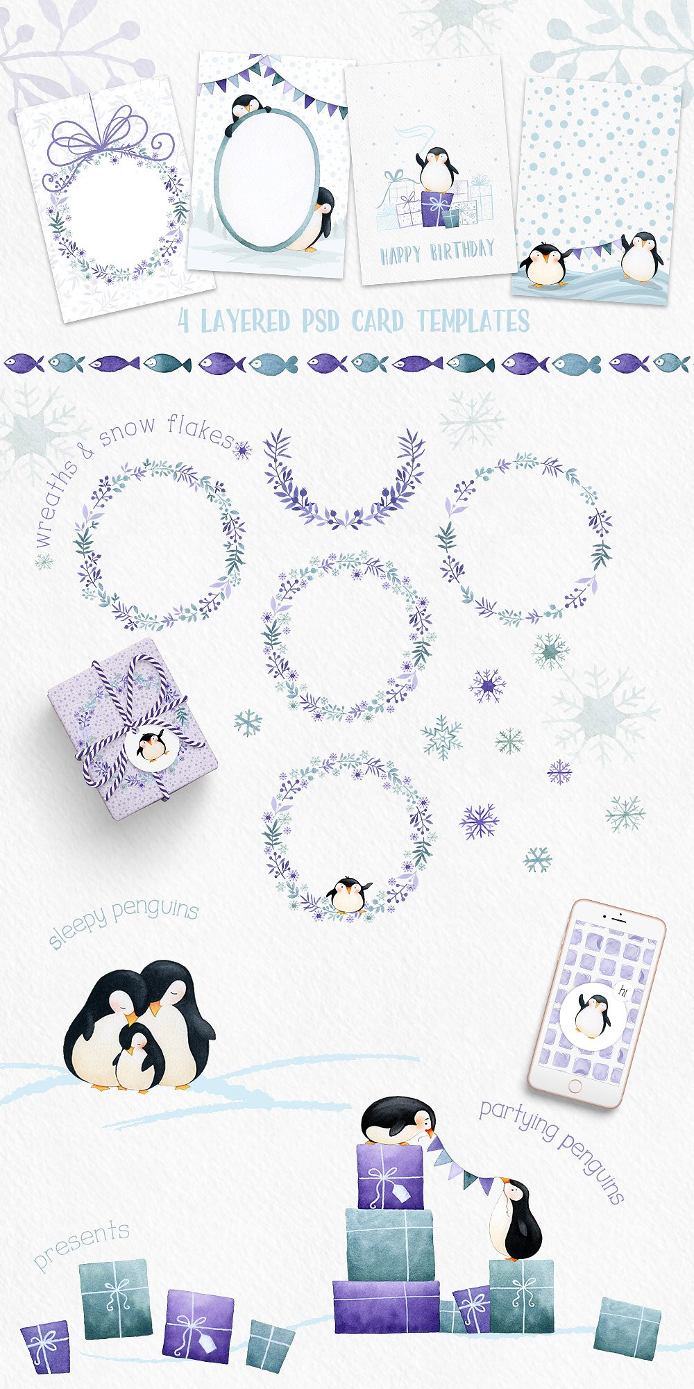 手绘水彩企鹅元素派对装饰素材Penguin Party Wa