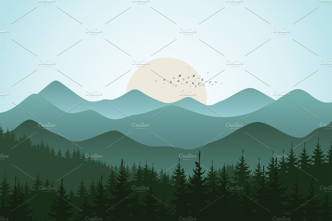 森林和山地景观矢量插图Mountain5