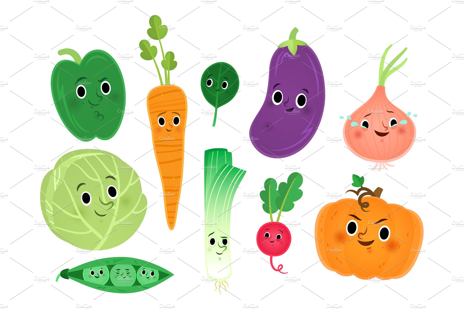 蔬菜表情包矢量插图Cute veggie character