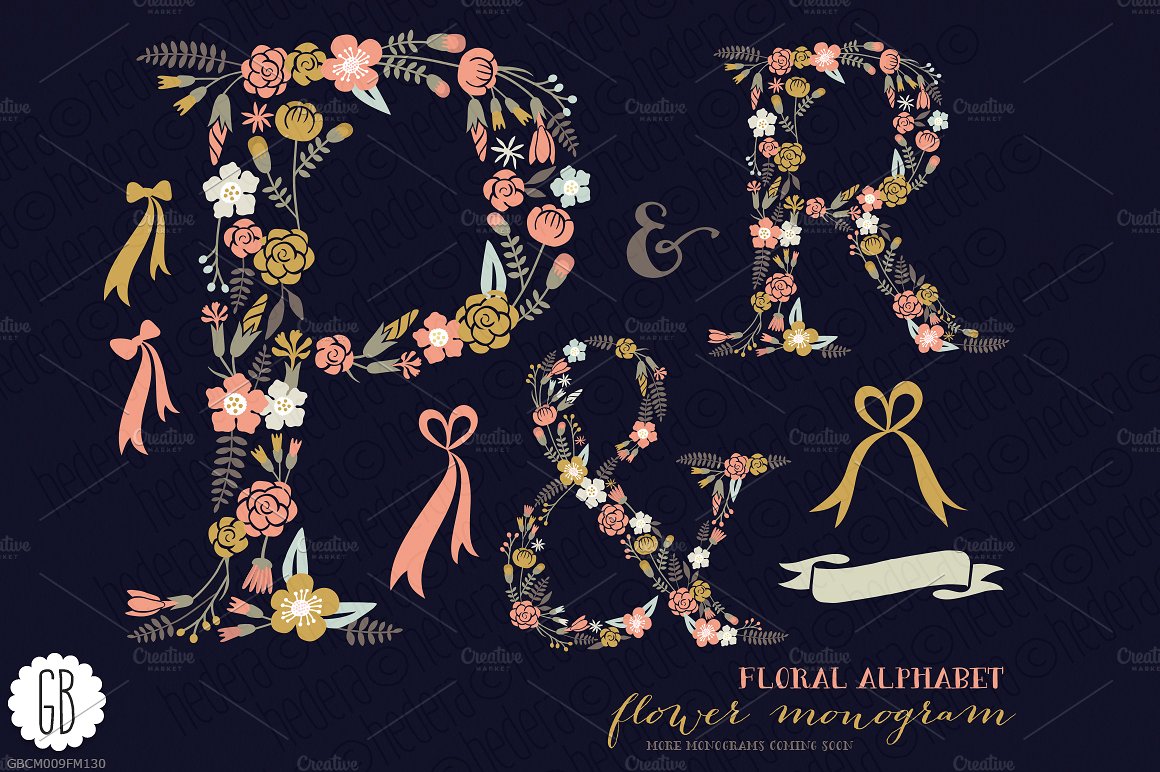 手绘花卉字母符号设计素材Floral letters, mo