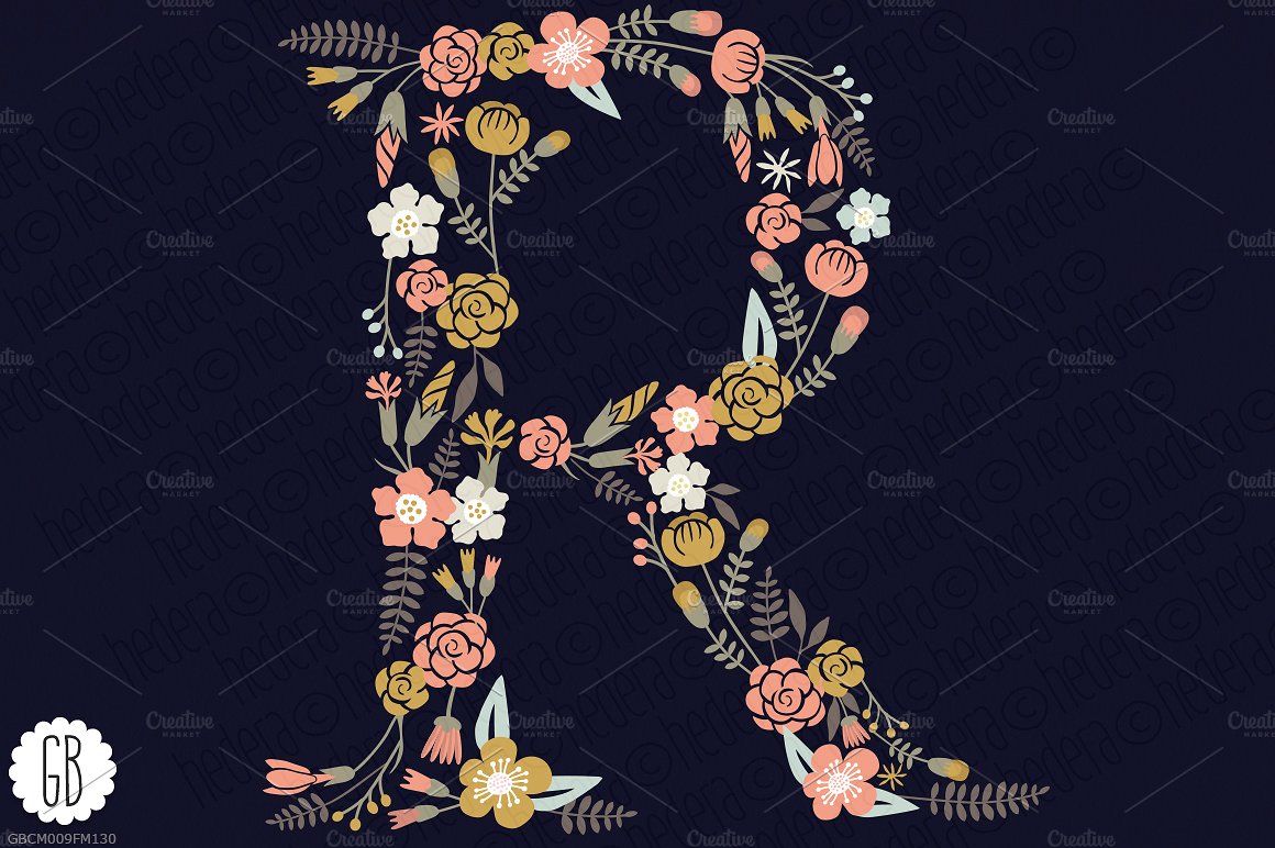 手绘花卉字母符号设计素材Floral letters, mo