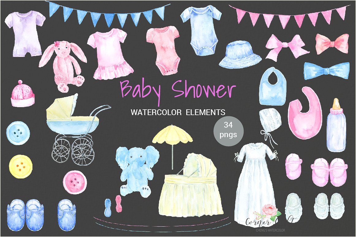 手绘水彩婴儿服装设计素材Watercolor Baby Sh