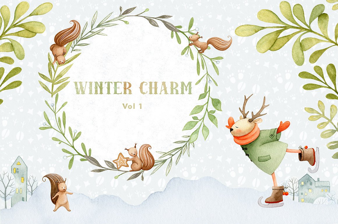 手绘水彩圣诞树设计素材Winter Charm Vol 1