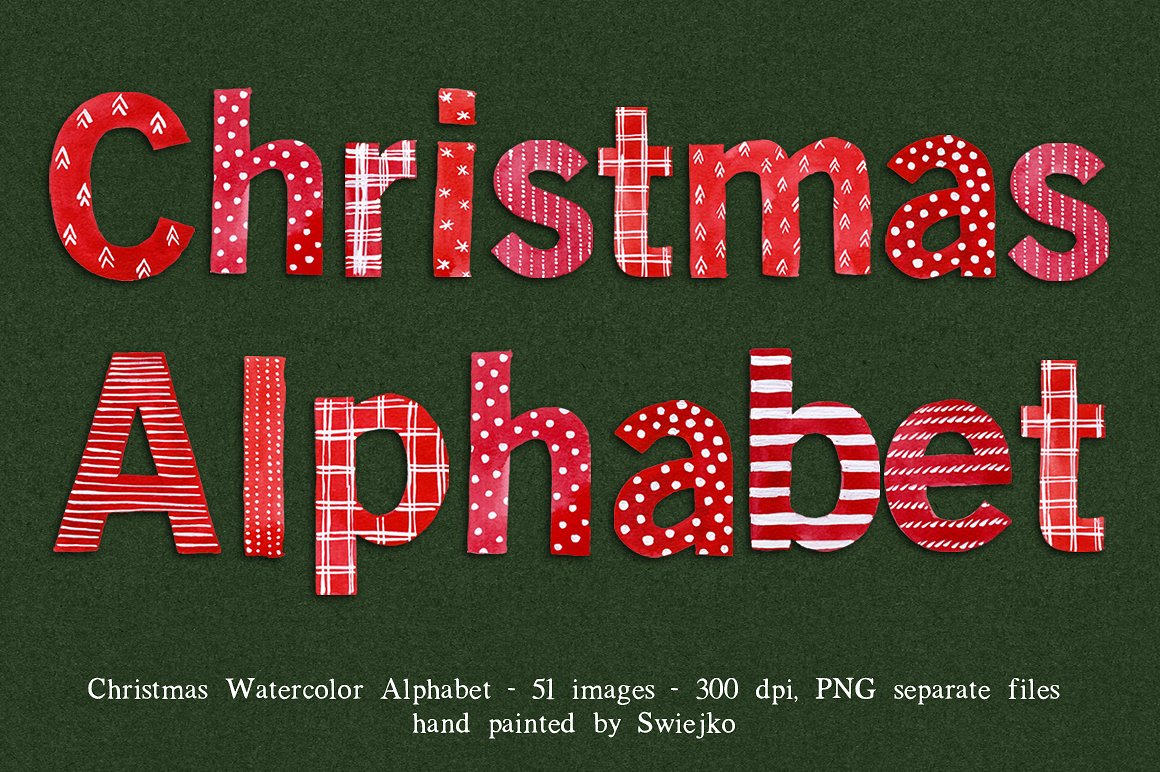 手绘水彩圣诞节字母设计素材Christmas Alphabe