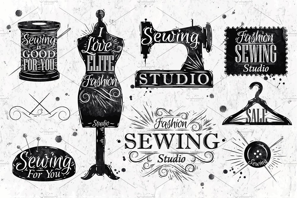 复古手绘缝纫机器设计素材Retro sewing symbo