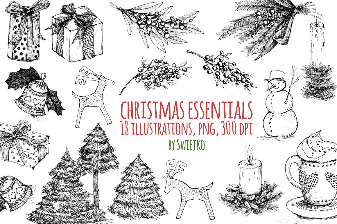 手绘圣诞节装饰素材包Christmas Illustrati