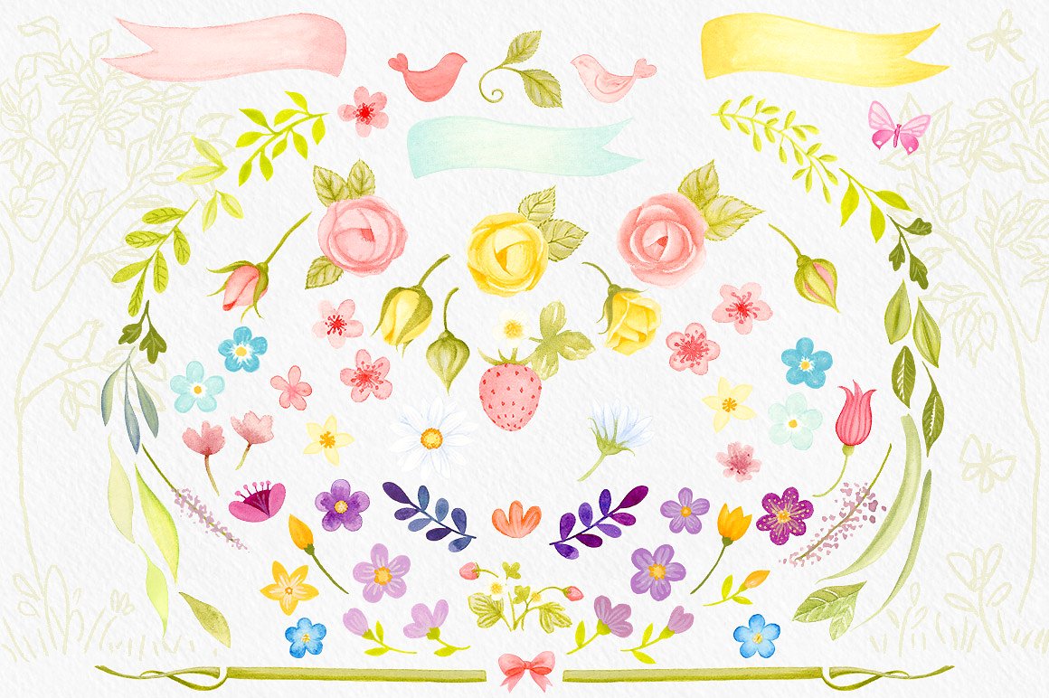 手绘水彩甜美花卉植物设计素材Spring Charm Flo