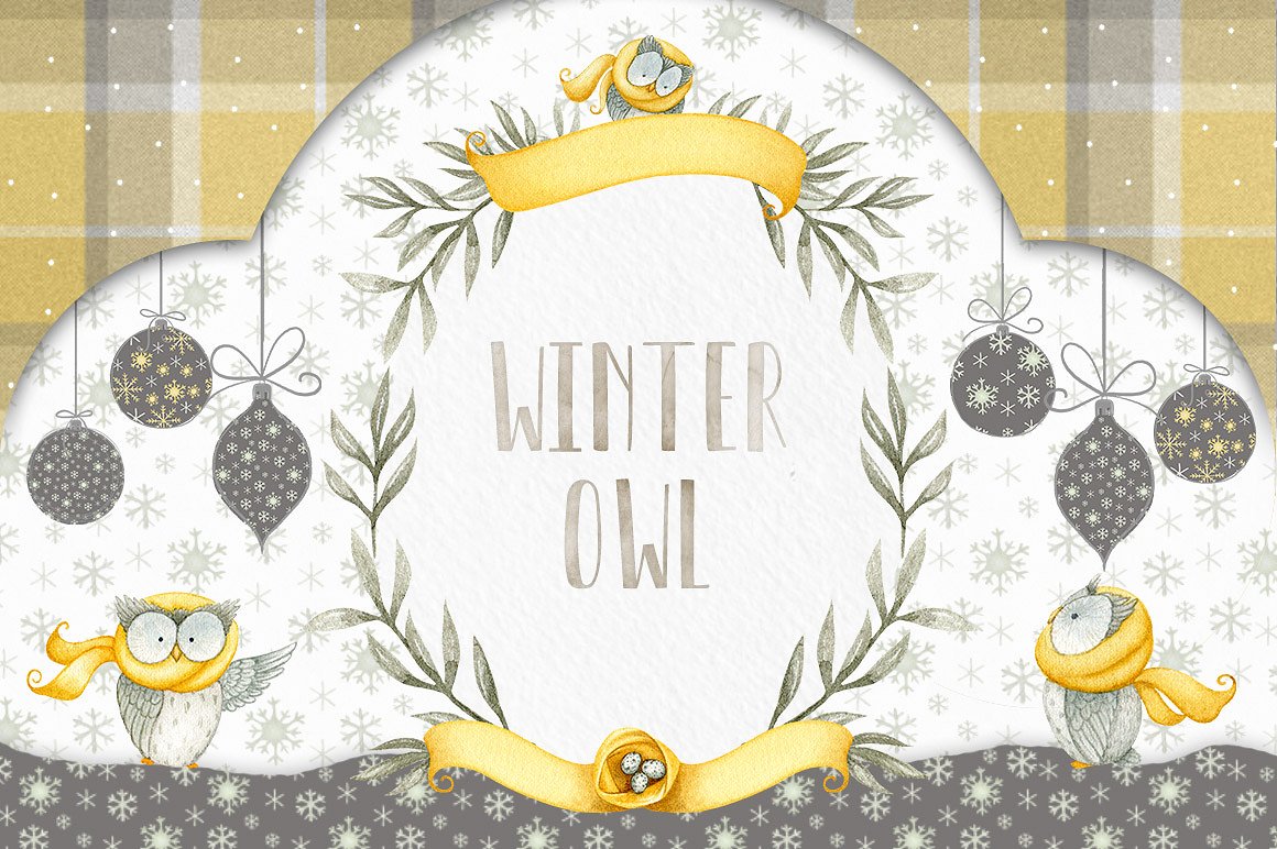 手绘水彩圣诞节装饰素材包Winter Owl Waterco