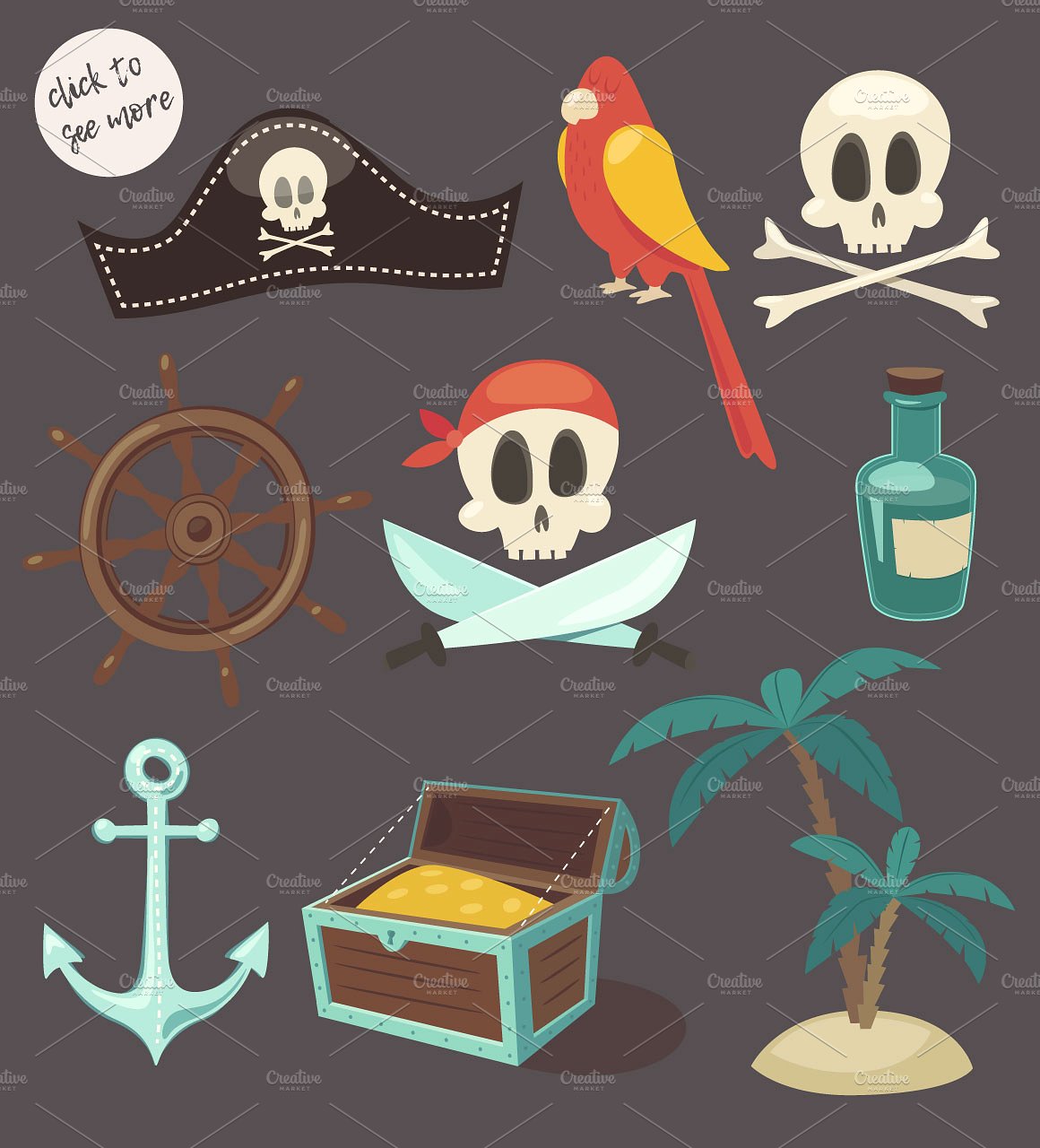 海盗元素设计素材Set of 9 cute pirate i