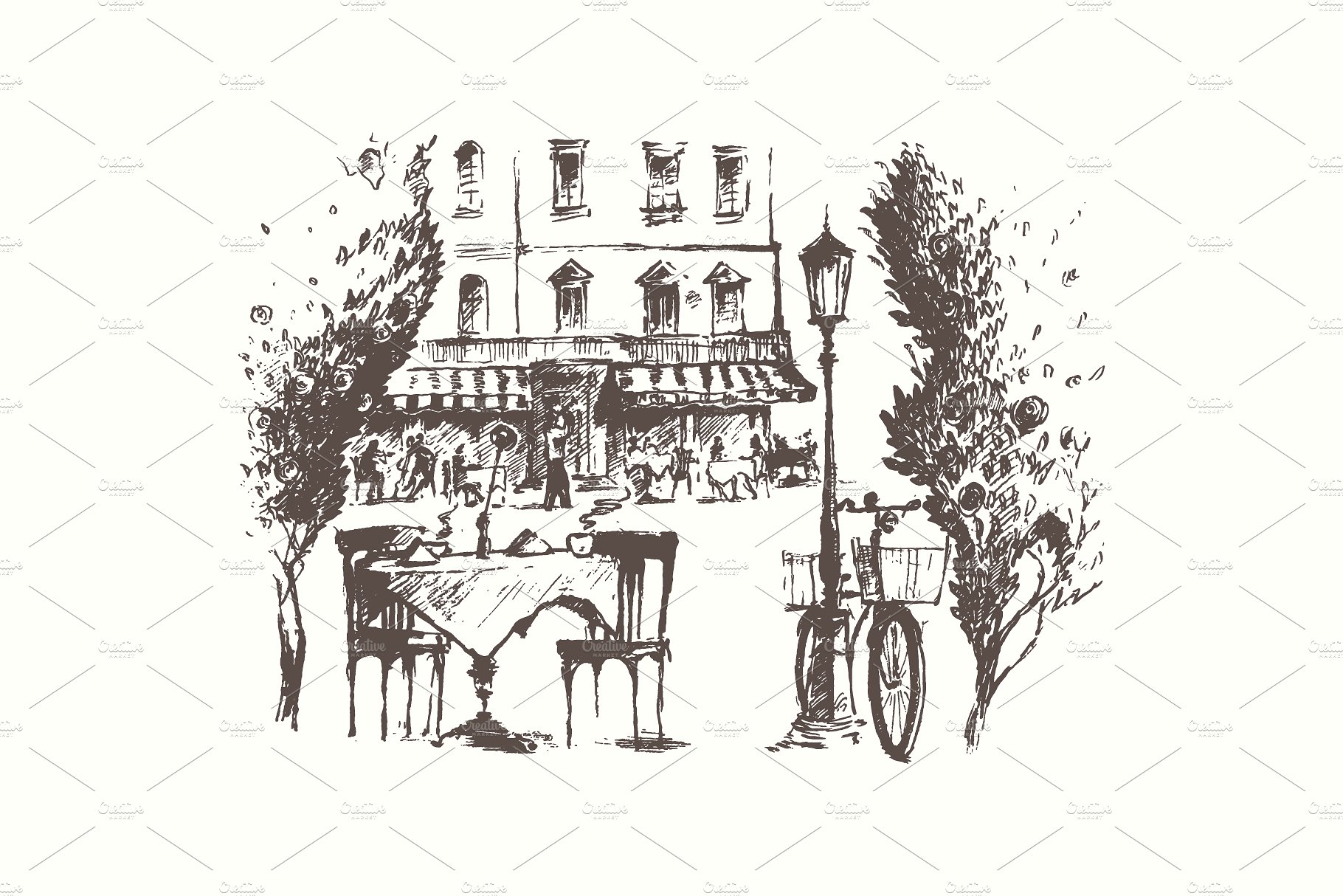 手绘室外咖啡店位子矢量插图Streets of Paris,