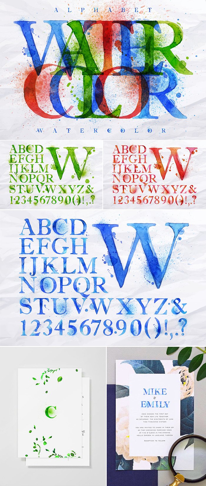 手绘水彩英文字母设计素材Alphabet watercolo