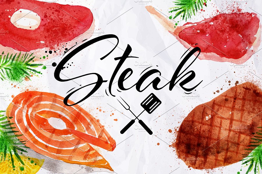 手绘水彩牛排设计素材Set watercolor steak