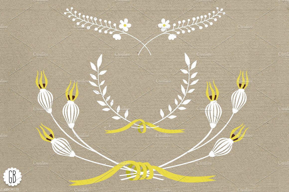 手绘花卉植物设计素材Wreaths laurels ribb