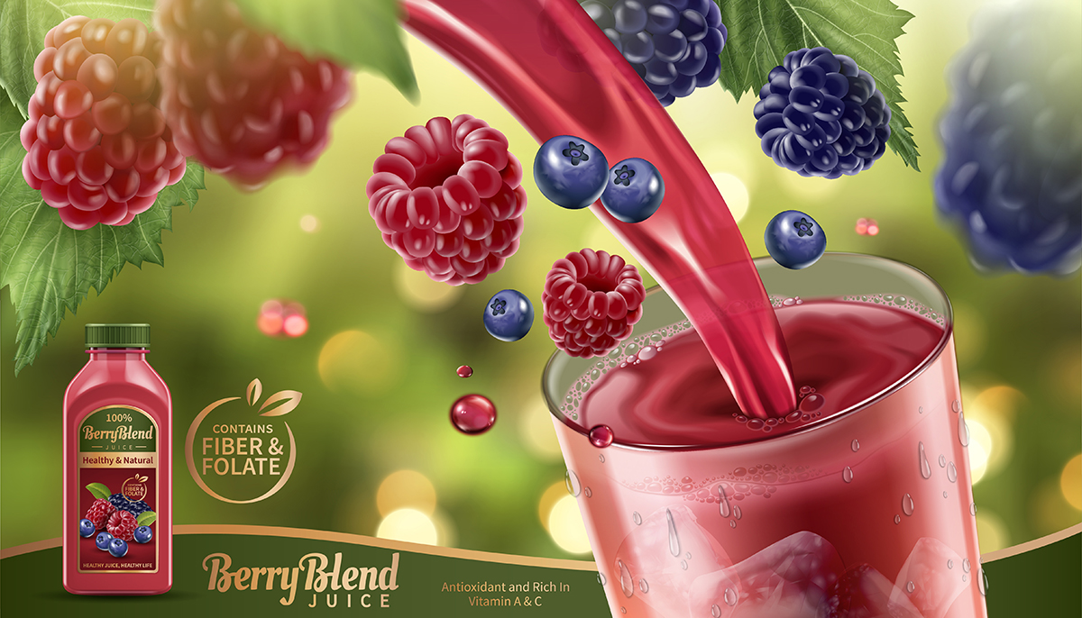 蓝莓树莓果汁饮料流动效果AI矢量海报设计素材模板Summer
