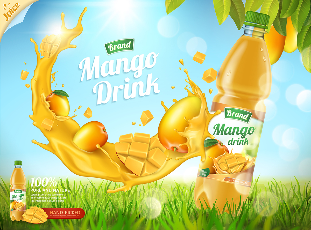 黄色芒果汁饮料水花飞溅AI矢量海报设计素材模板Summer