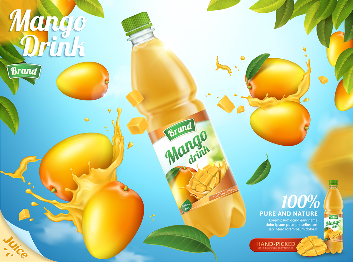 黄色芒果汁饮料水花飞溅AI矢量海报设计素材模板Summer